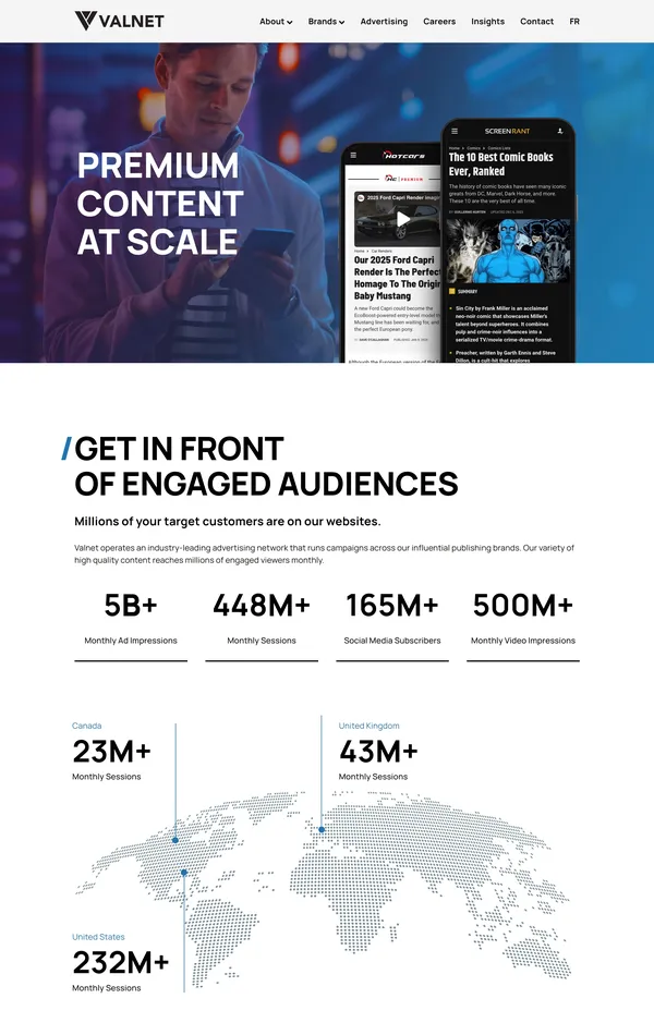 Страница о компании Valnet, тематика — Медиа, цвета — Белый, Серый, стиль — Корпоративный, типографика — Без засечек