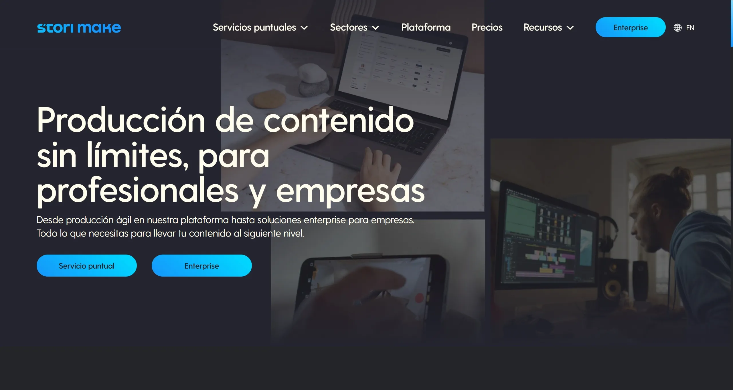Storimake Секция «Первый экран» с сайта https://storimake.com/, тематика — Бизнес и профессиональные услуги, цвета — Черный, Серый, Синий, стиль — Корпоративный, Минимализм, типографика — Без засечек