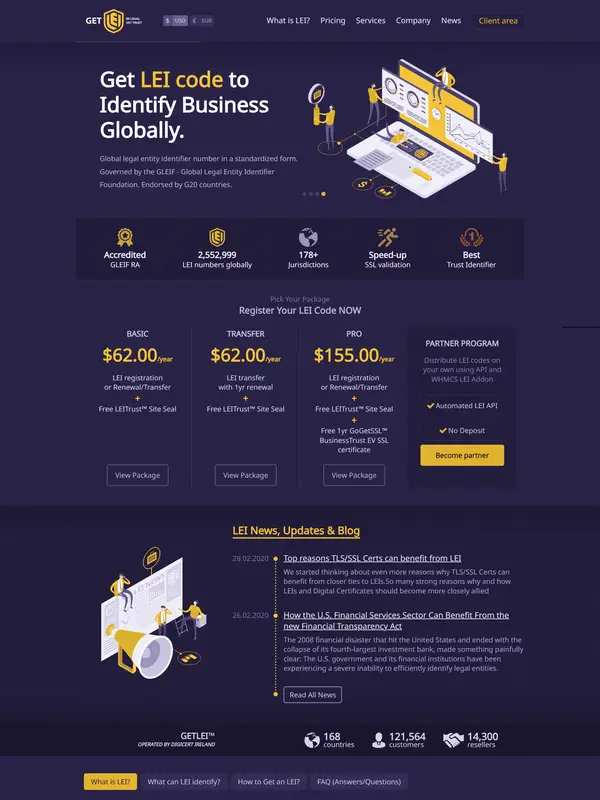 Главная GetLEI, тематика — Бизнес и профессиональные услуги, цвета — Черный, стиль — Плоский, Корпоративный, типографика — Без засечек