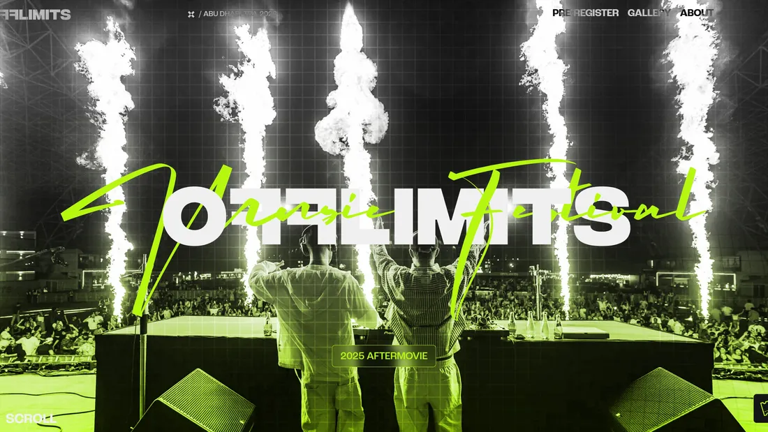 Секция «Первый экран» с сайта https://www.offlimits.com/, тематика — Мероприятия, Музыка, цвета — Белый, Черный, Серый, стиль — Фестивальный, типографика — Без засечек, Рукописные