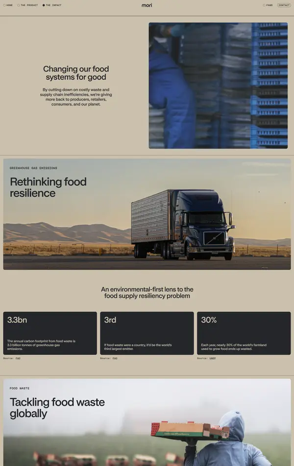 Страница о компании Mori, тематика — Еда и напитки, Логистика, цвета — Белый, Черный, Серый, стиль — Корпоративный, типографика — Без засечек