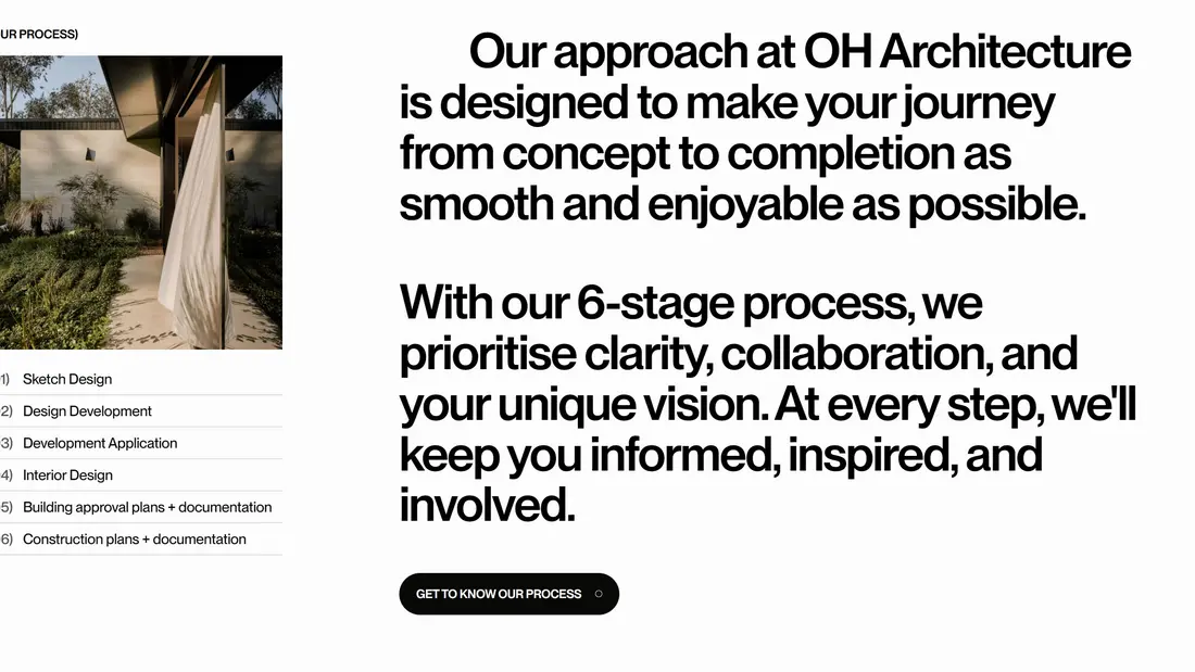 Секция «Этапы» с сайта https://www.oharchitecture.com.au/, тематика — Дизайн, Бизнес и профессиональные услуги, цвета — Белый, Серый, стиль — Классический, Минимализм, типографика — Без засечек