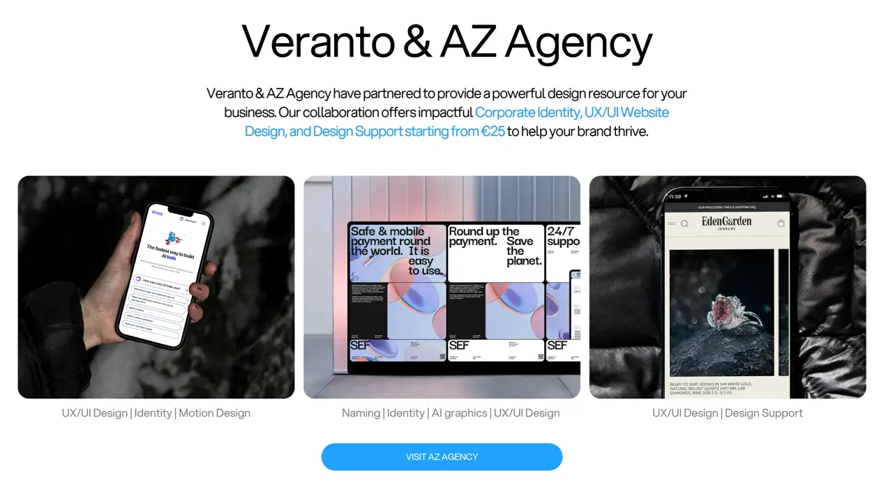 Секция «Услуги» с сайта https://www.veranto.tech/, тематика — IT и программное обеспечение, цвета — Белый, Черный, Серый, стиль — Корпоративный, Минимализм, типографика — Без засечек, Декоративные