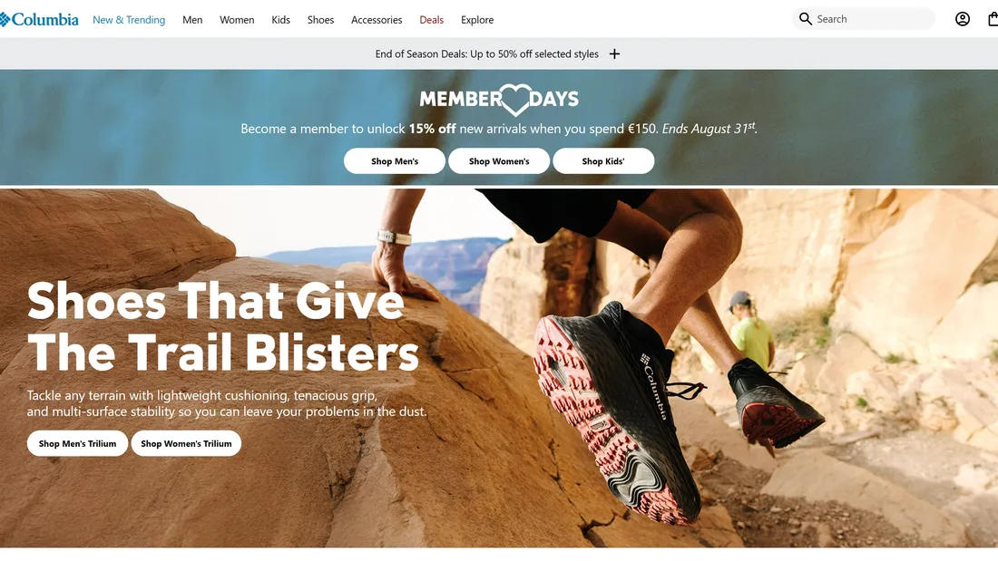 Секция «Первый экран» с сайта https://www.columbia.com/, тематика — Интернет-магазин, Одежда, цвета — Белый, Серый, Коричневый, стиль — Корпоративный, Полигональный, типографика — Без засечек