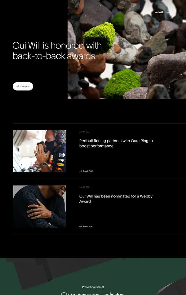 Новости Oui Will, тематика — Дизайн, цвета — Белый, Черный, стиль — Корпоративный, Минимализм, типографика — Без засечек