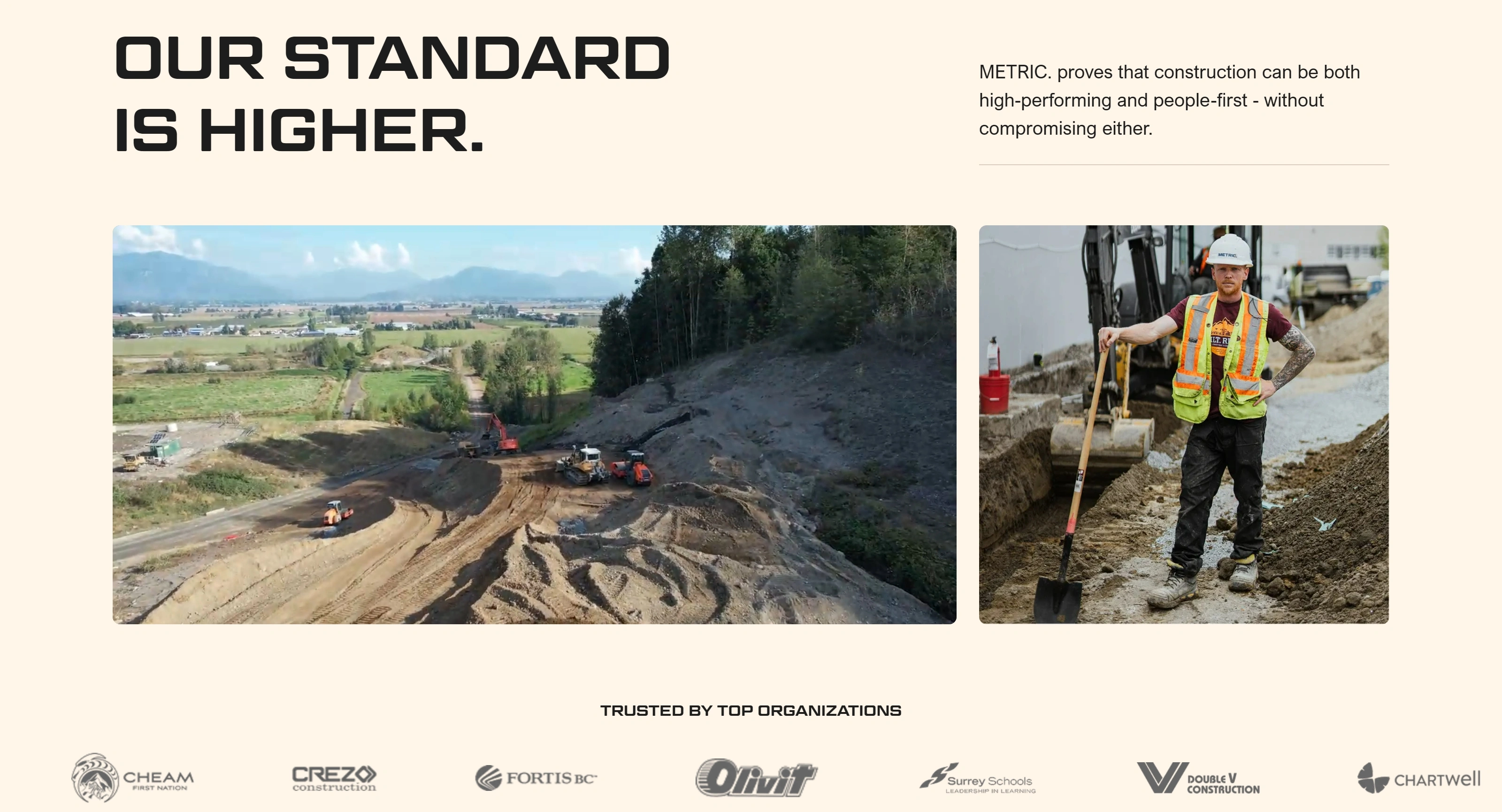 METRIC Секция «Партнеры» с сайта https://www.metriccivil.ca/, тематика — Строительство, цвета — Белый, Черный, Серый, стиль — Корпоративный, типографика — Без засечек