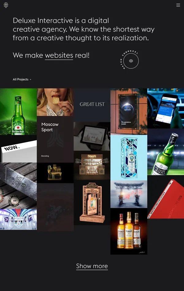 Лендинг Deluxe Interactive, тематика — Агентство , цвета — Черный, стиль — Корпоративный, Минимализм, типографика — Без засечек