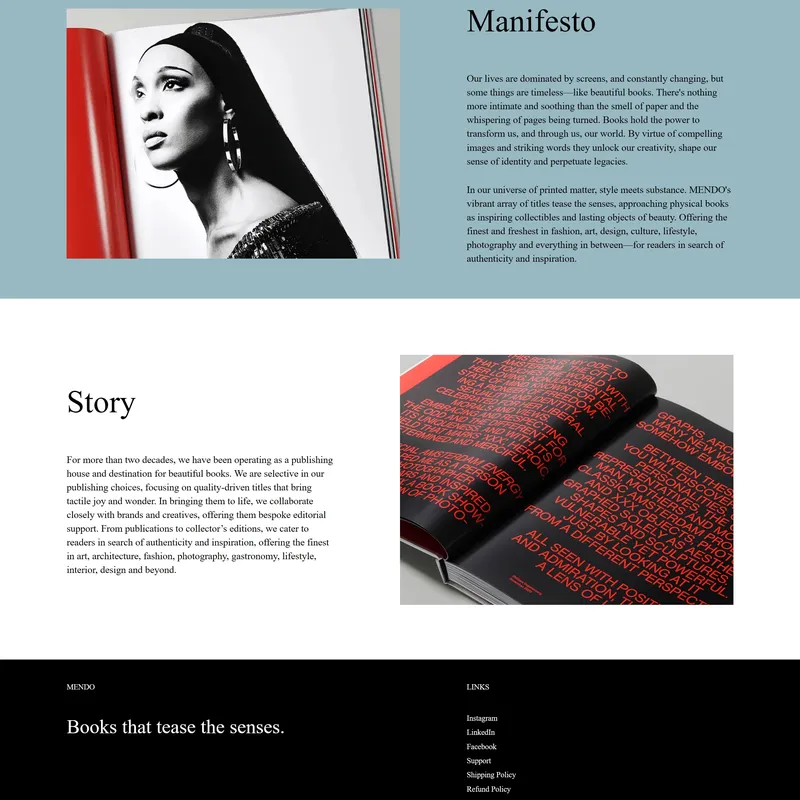 Секция «О компании» с сайта https://mendo.nl/, тематика — Интернет-магазин, Дизайн, цвета — Белый, Черный, Серый, стиль — Минимализм, типографика — Без засечек