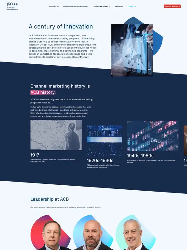 Страница о компании ACB, тематика — Бизнес и профессиональные услуги, цвета — Белый, Черный, Серый, стиль — Корпоративный, Карточный, типографика — Без засечек