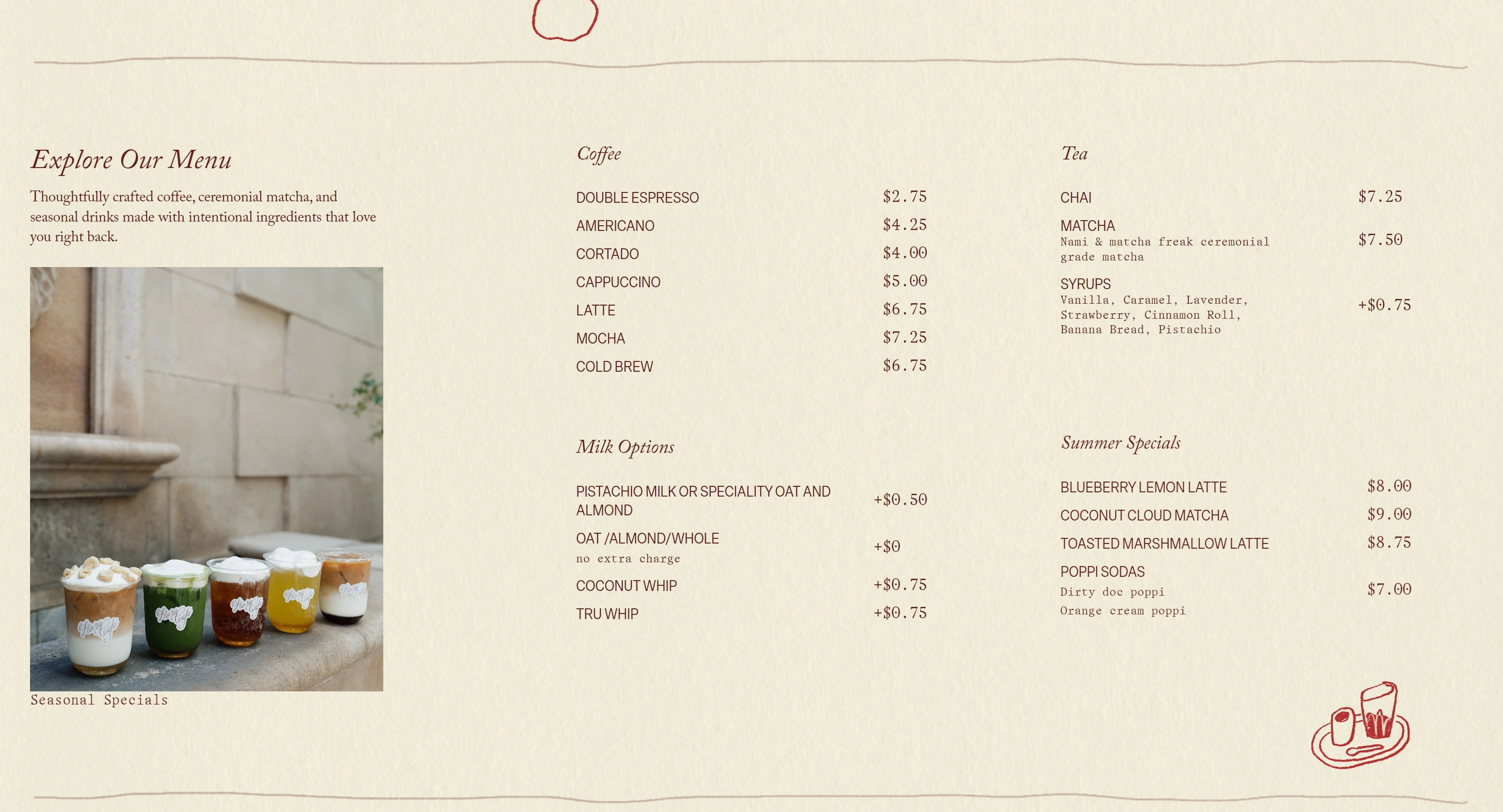 Flora Cafe Секция «Цены» с сайта https://www.florawellnesscafe.com/, тематика — Еда и напитки, цвета — Белый, Серый, стиль — Минимализм, типографика — С засечками