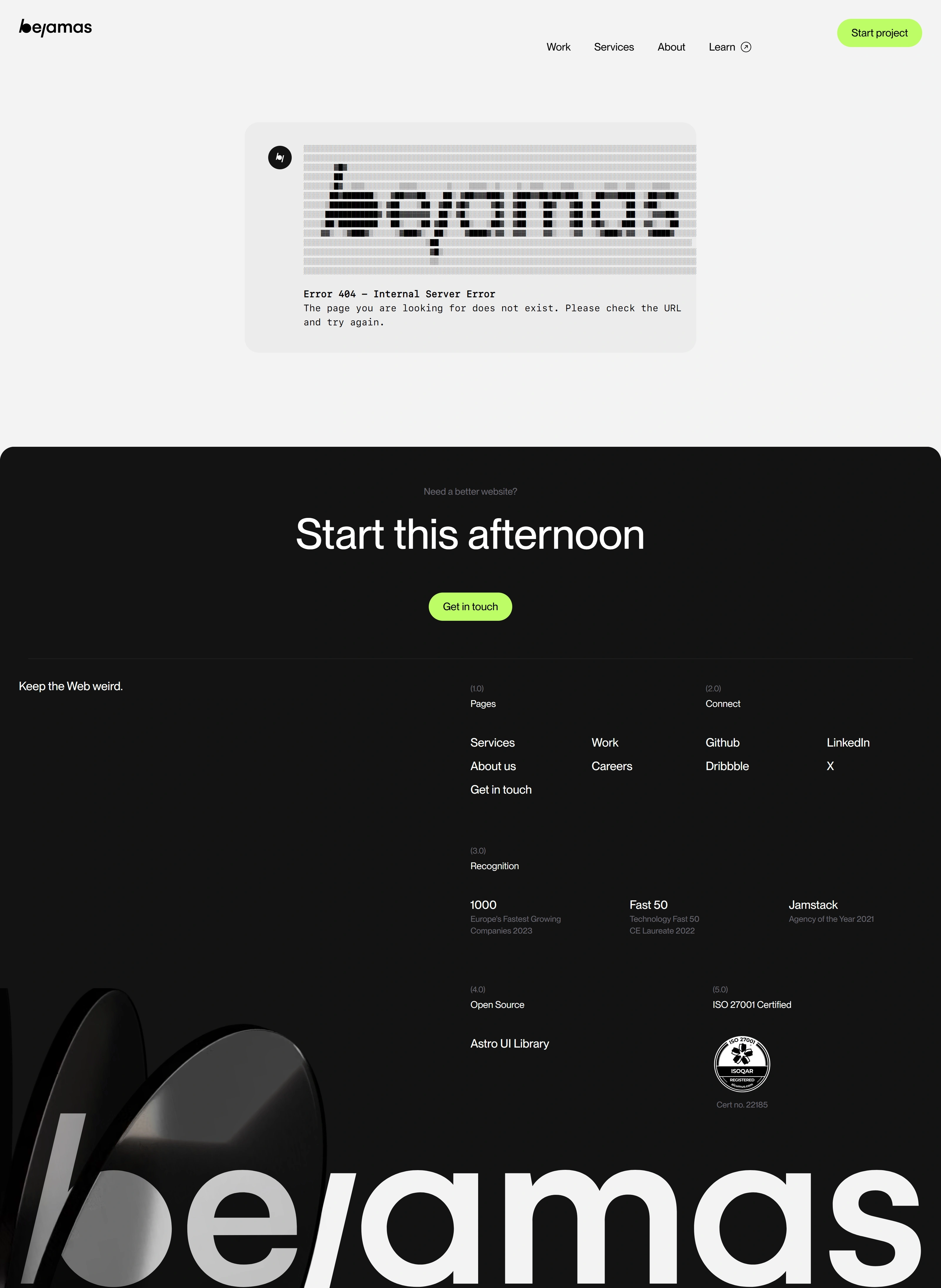 Bejamas 404-страница Bejamas, тематика — IT и программное обеспечение, цвета — Белый, Черный, стиль — Корпоративный, Минимализм, типографика — Без засечек, Декоративные