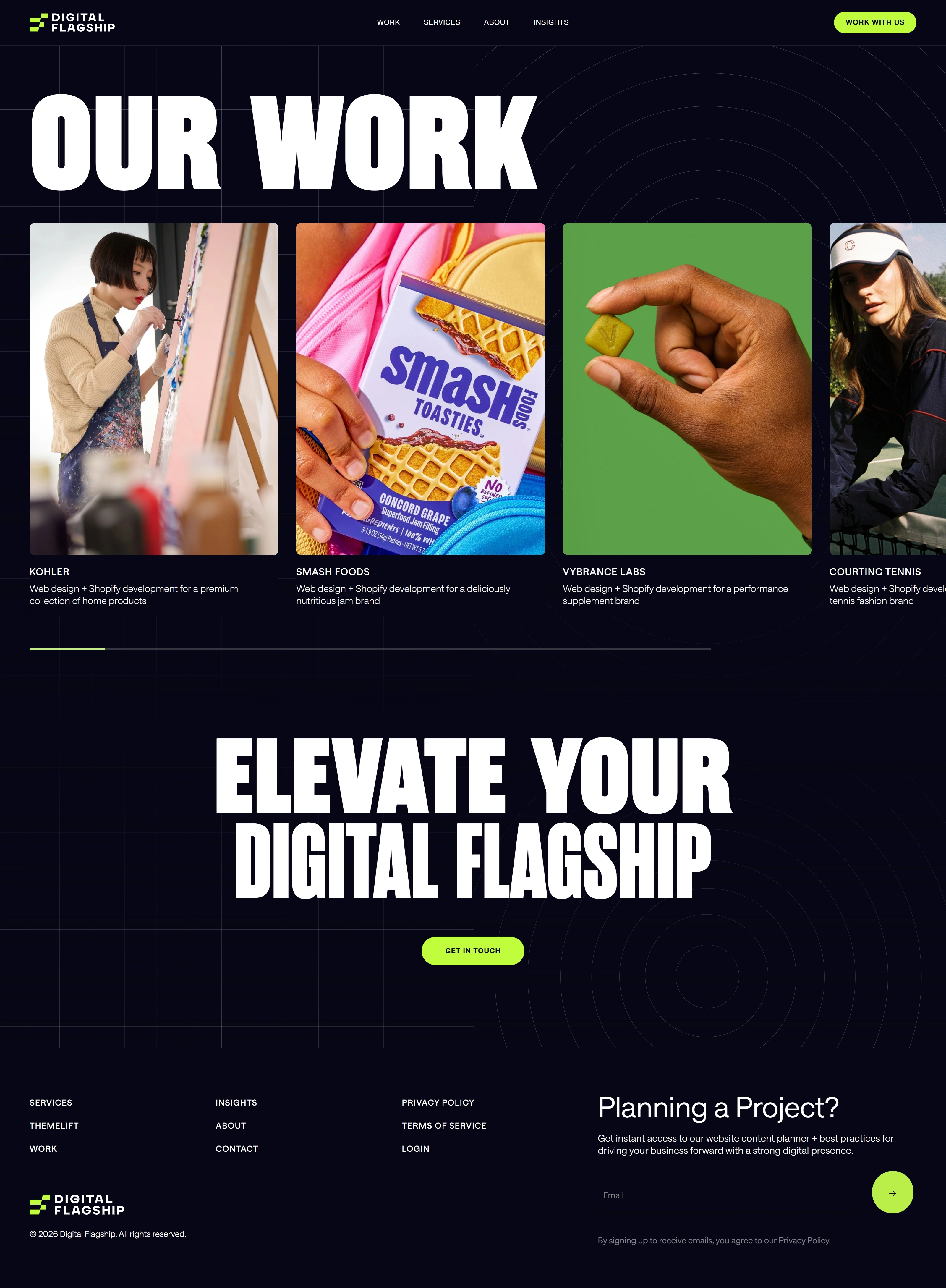 Digital Flagship Портфолио Digital Flagship, тематика — SaaS, цвета — Черный, Серый, стиль — Корпоративный, Брутализм, типографика — Без засечек, Декоративные