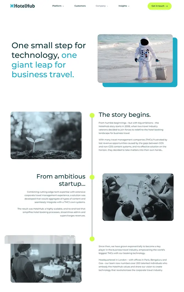 Страница о компании HotelHub, тематика — Путешествия и туризм, цвета — Белый, стиль — Корпоративный, Минимализм, типографика — Без засечек