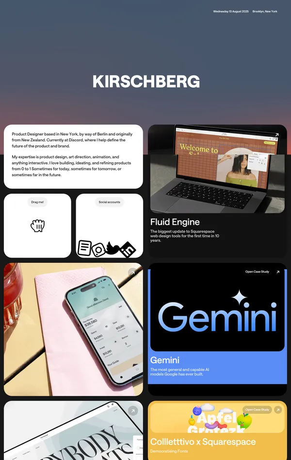 Портфолио Kirschberg, тематика — Дизайн, цвета — Белый, Черный, Серый, стиль — Корпоративный, типографика — Без засечек, Декоративные