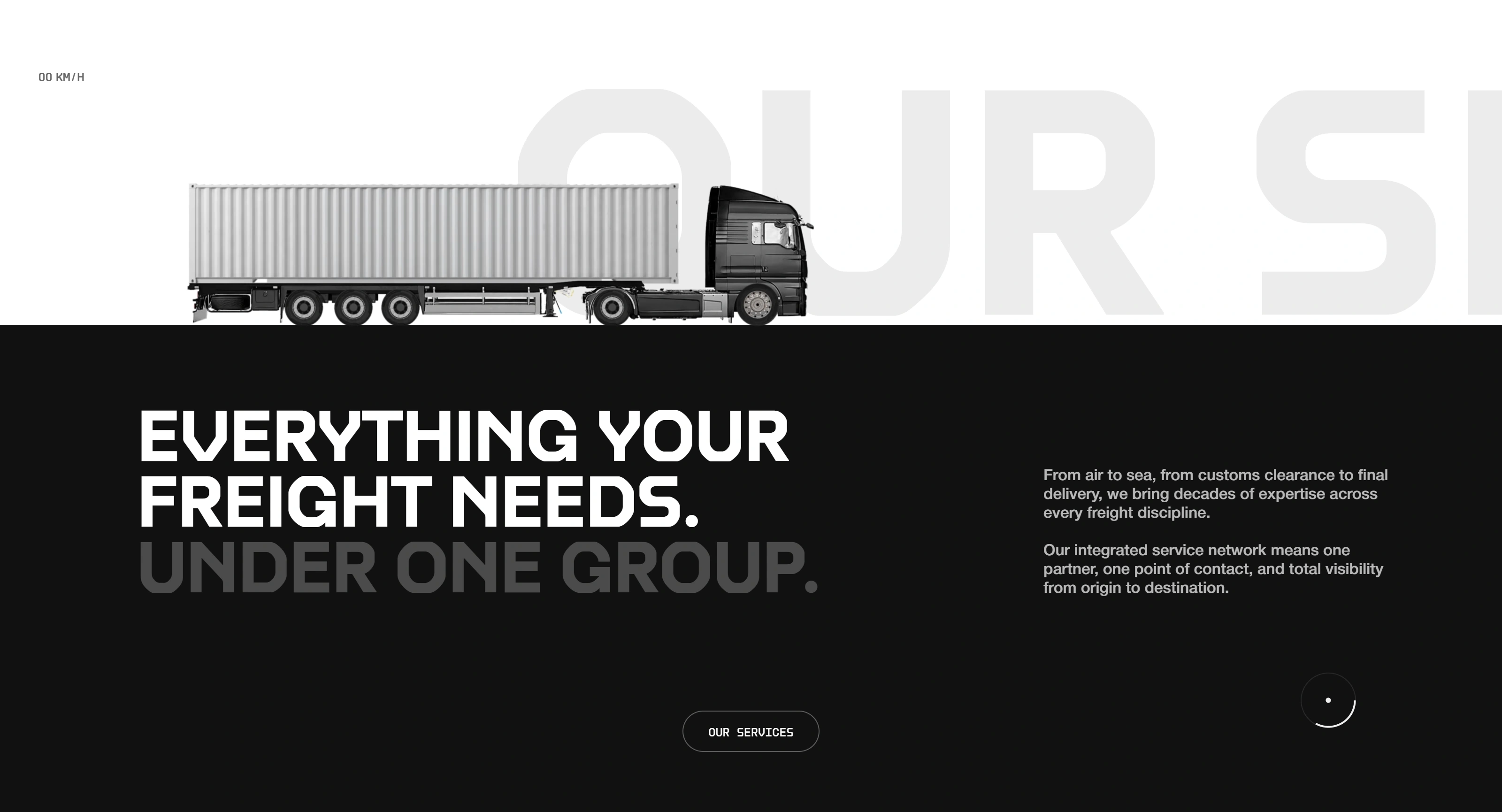 United Carriers Секция «Первый экран» с сайта https://unitedcarriers.com/, тематика — Логистика, цвета — Белый, Черный, Серый, стиль — Корпоративный, Минимализм, типографика — Без засечек