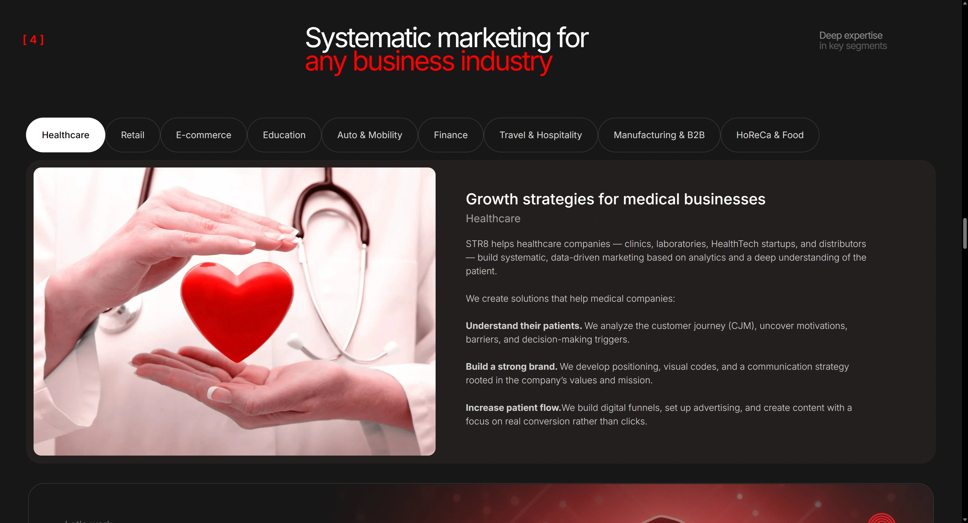 STR8 Секция «Услуги» с сайта https://str8-agency.uz/en, тематика — Агентство , цвета — Черный, стиль — Корпоративный, Минимализм, типографика — Без засечек