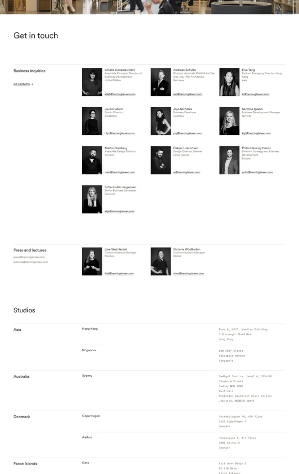 Контакты Henning Larsen, тематика — Дизайн, цвета — Белый, Серый, стиль — Корпоративный, Минимализм, типографика — Без засечек