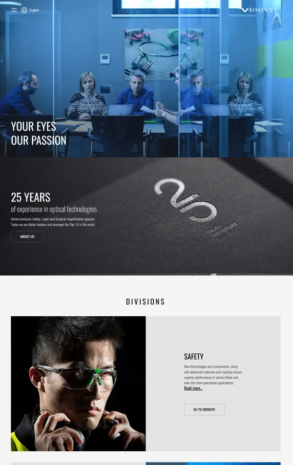 Главная Univet, тематика — Производство, цвета — Белый, Черный, Серый, Синий, стиль — Корпоративный, типографика — Без засечек