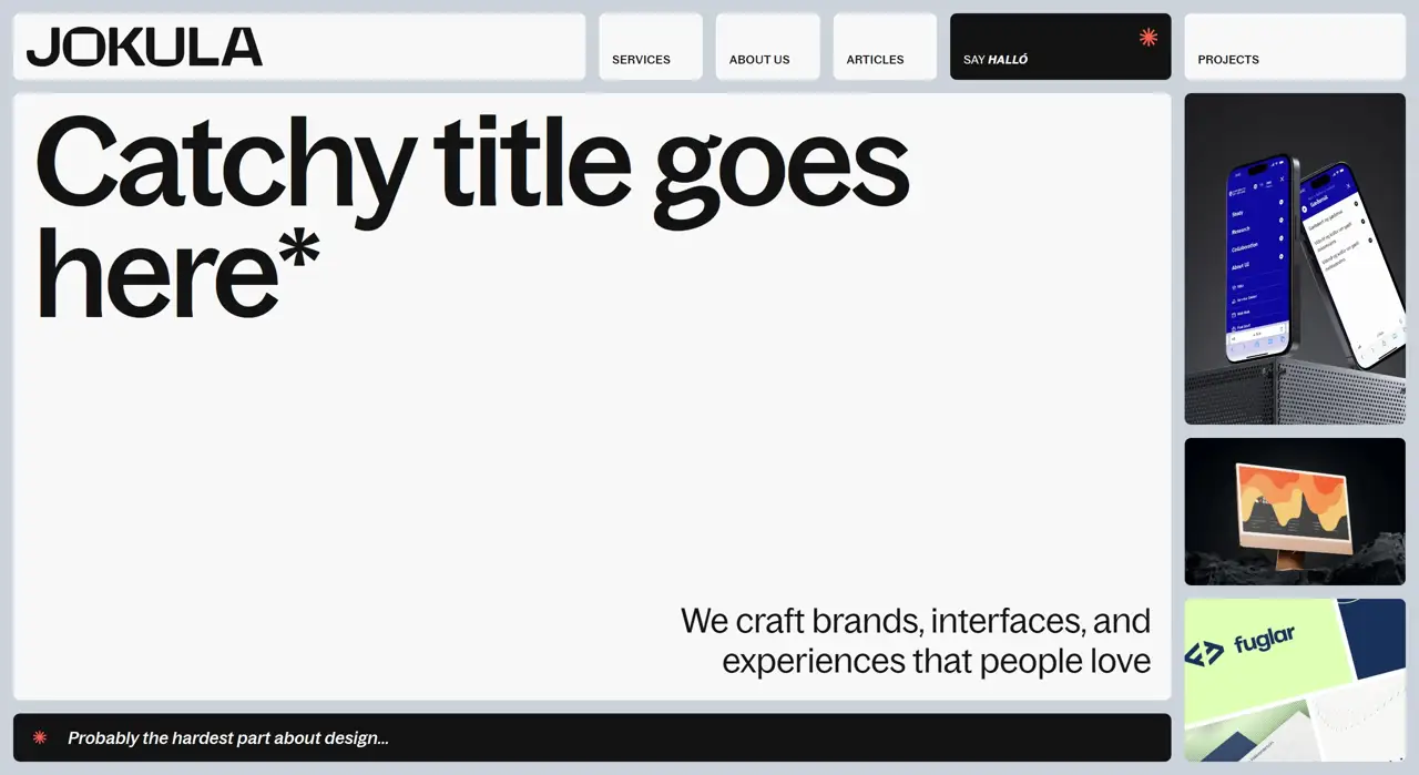 Секция «Первый экран» с сайта https://www.jokula.com/, тематика — Дизайн, цвета — Белый, Черный, Серый, стиль — Корпоративный, Минимализм, типографика — Без засечек, Декоративные