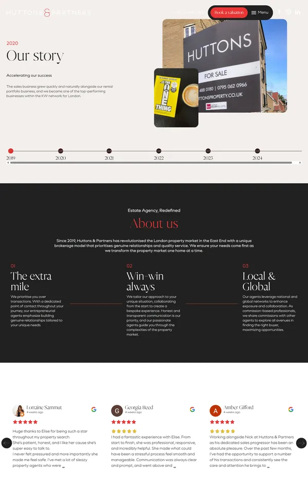 Страница о компании Huttons & Partners, тематика — Недвижимость, цвета — Белый, Черный, стиль — Корпоративный, Минимализм, типографика — Без засечек, С засечками