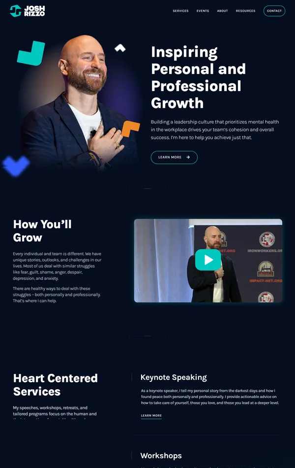 Лендинг Josh Rizzo, тематика — Персональный, цвета — Черный, стиль — Корпоративный, Минимализм, типографика — Без засечек