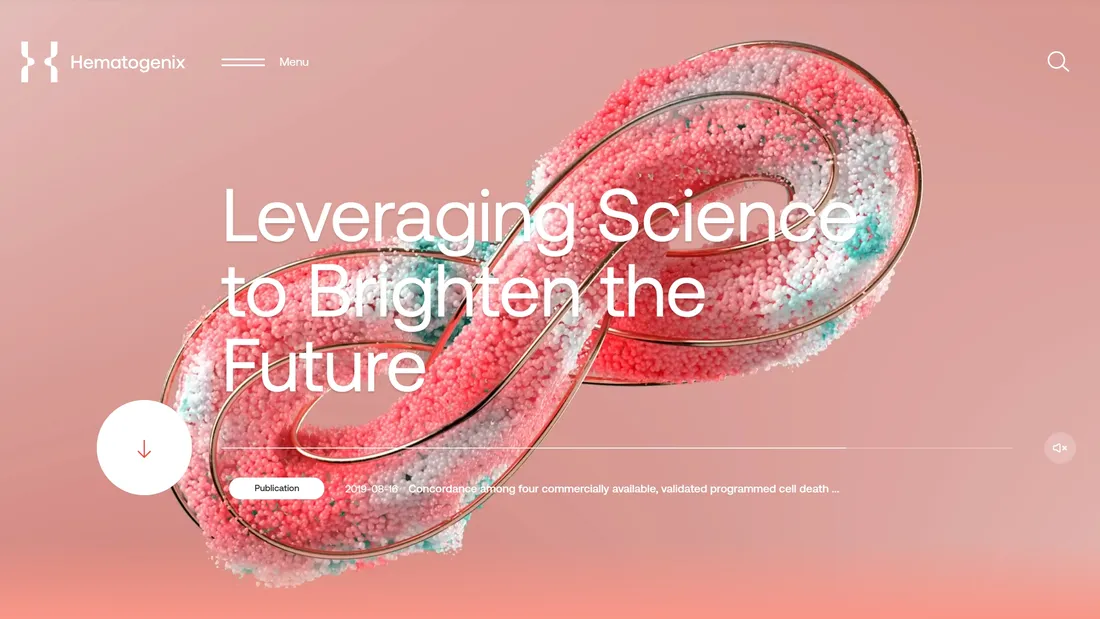 Секция «Первый экран» с сайта https://www.hematogenix.com/, тематика — Здоровье и фитнес, цвета — Розовый, стиль — Фестивальный, Полигональный, типографика — Без засечек