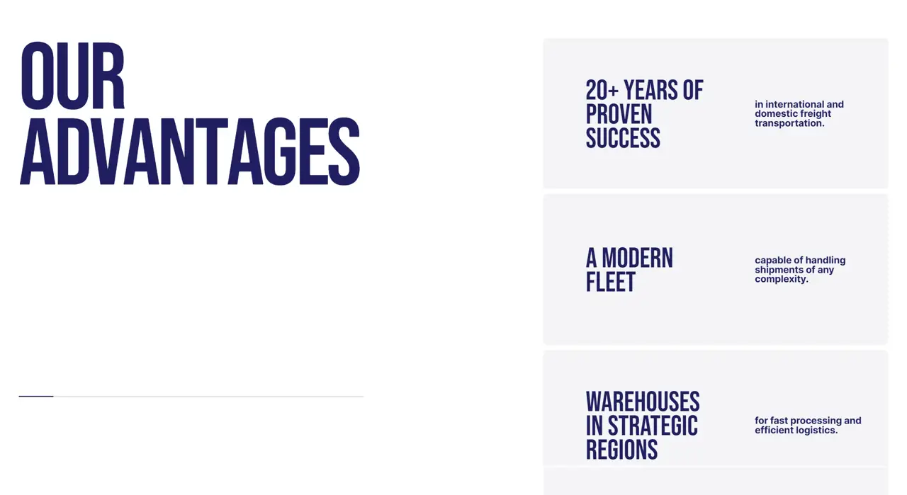 Секция «Преимущества» с сайта https://mvplogistics.eu/en/main-en/, тематика — Логистика, цвета — Белый, Серый, стиль — Корпоративный, Минимализм, типографика — Без засечек