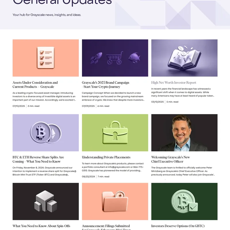 Секция «Новости» с сайта https://www.grayscale.com/, тематика — Крипто  и блокчейн, цвета — Белый, Черный, стиль — Корпоративный, типографика — Без засечек