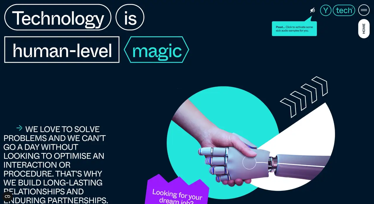 Секция «Первый экран» с сайта https://ytech.io/, тематика — IT и программное обеспечение, цвета — Черный, Серый, стиль — Корпоративный, Брутализм, типографика — Без засечек, Декоративные