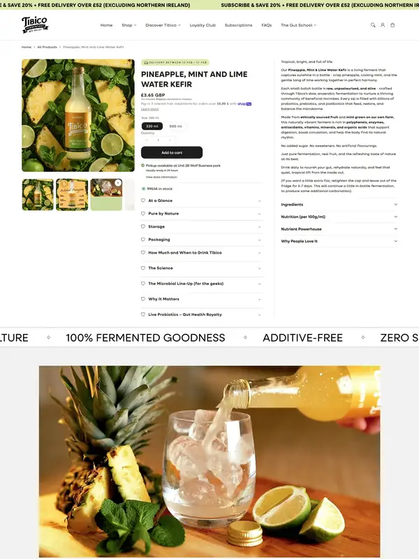 Продукт Tibico Fermentary, тематика — Здоровье и фитнес, цвета — Белый, Черный, Серый, стиль — Минимализм, Органический и природный, типографика — Без засечек