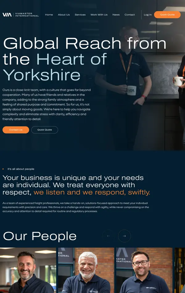 Страница о компании Viamaster International, тематика — Логистика, цвета — Белый, Черный, Серый, Зеленый, стиль — Корпоративный, типографика — Без засечек