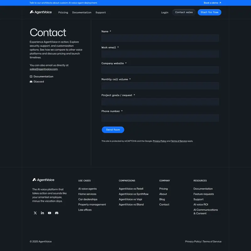 Секция «Контакты» с сайта https://www.agentvoice.com/, тематика — IT и программное обеспечение, цвета — Черный, стиль — Корпоративный, Минимализм, типографика — Без засечек