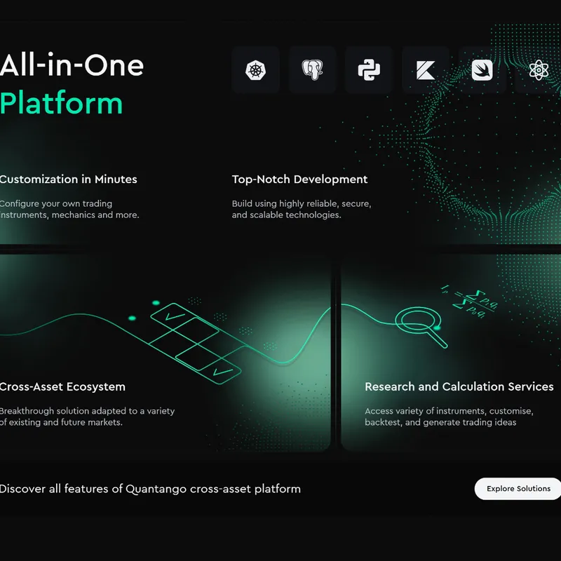 Секция «Преимущества» с сайта https://www.quantango.tech/, тематика — IT и программное обеспечение, цвета — Черный, стиль — Корпоративный, Полигональный, типографика — Без засечек