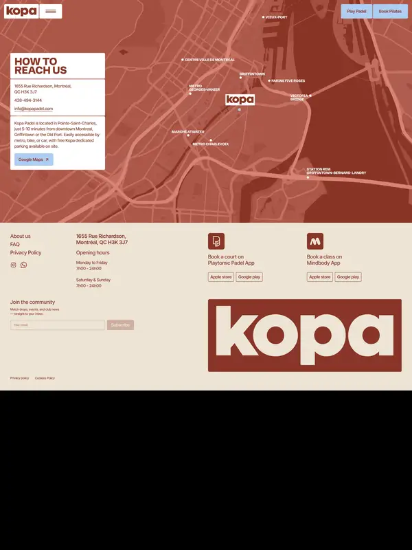 Контакты Kopa Padel, тематика — Развлечения, Другое, цвета — Белый, Красный, Коричневый, стиль — Плоский, Минимализм, типографика — Без засечек