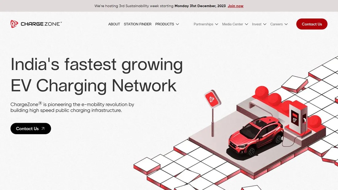 Секция «Первый экран» с сайта https://www.chargezone.co.in/, тематика — Продукт, Логистика, цвета — Белый, стиль — Минимализм, Полигональный, типографика — Без засечек