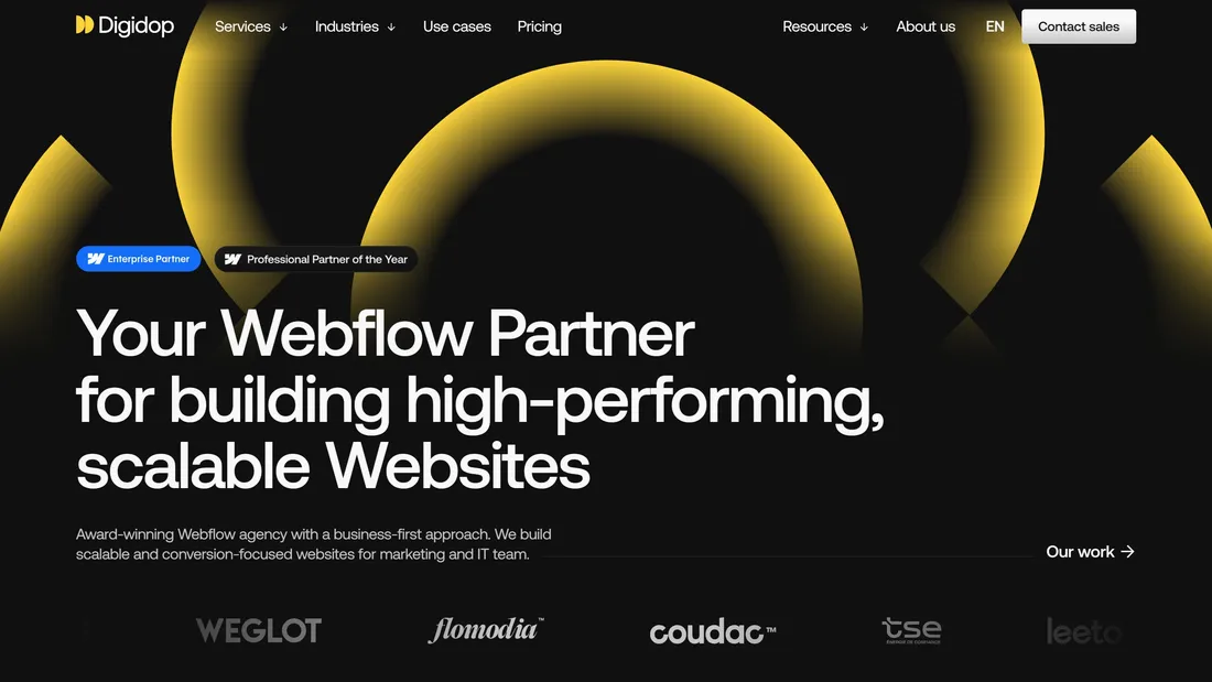 Секция «Первый экран» с сайта https://www.digidop.com/, тематика — IT и программное обеспечение, Агентство , цвета — Черный, стиль — Корпоративный, Минимализм, типографика — Без засечек