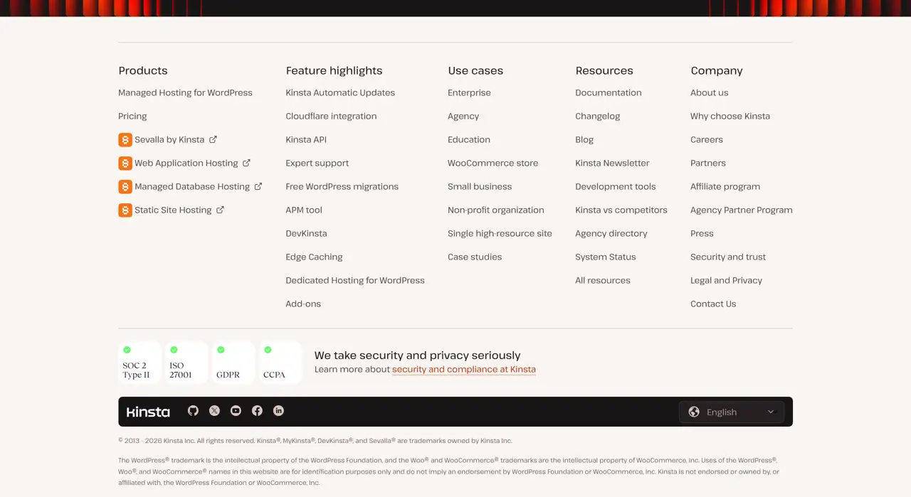 Секция «Футер» с сайта https://kinsta.com/, тематика — SaaS, цвета — Белый, стиль — Корпоративный, Минимализм, типографика — Без засечек