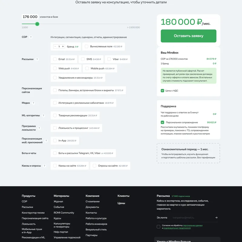 Секция «Цены» с сайта https://mindbox.ru/, тематика — Маркетинг, SaaS, цвета — Белый, Черный, стиль — Корпоративный, Минимализм, типографика — Без засечек