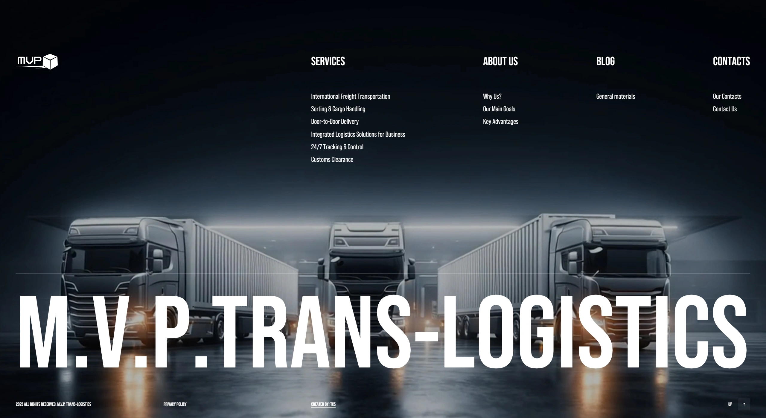M.V.P. trans-logistics Секция «Футер» с сайта https://mvplogistics.eu/en/main-en/, тематика — Логистика, цвета — Черный, Серый, стиль — Корпоративный, Минимализм, типографика — Без засечек, Декоративные