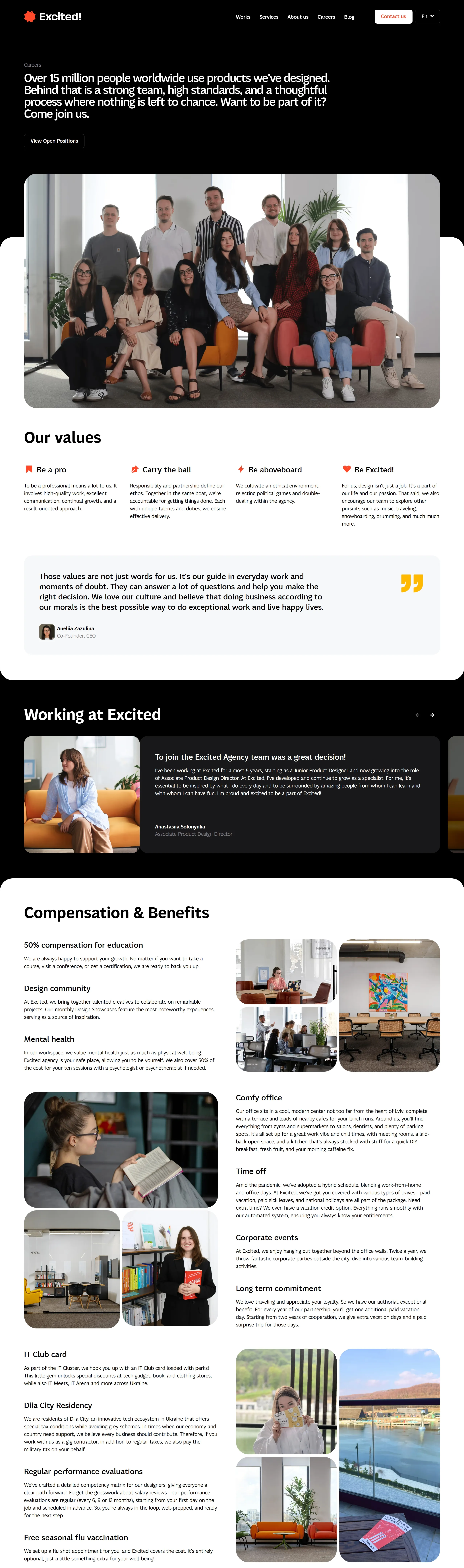 Excited Страница карьеры Excited, тематика — Агентство , цвета — Белый, Черный, Серый, стиль — Корпоративный, типографика — Без засечек