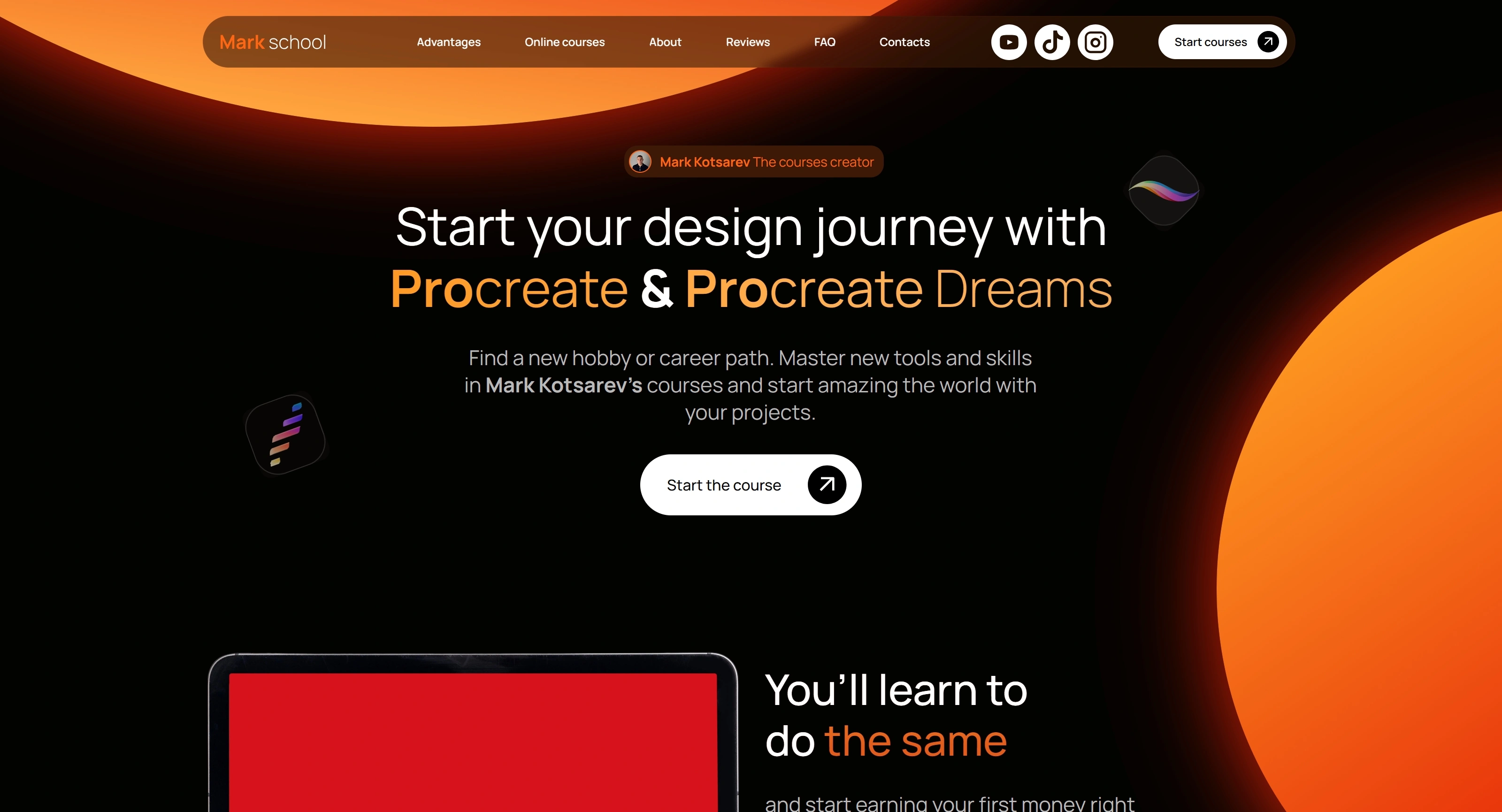 Mark Kotsarev Секция «Первый экран» с сайта https://mark-school.eu/, тематика — Образование, цвета — Черный, Красный, стиль — Корпоративный, Минимализм, типографика — Без засечек