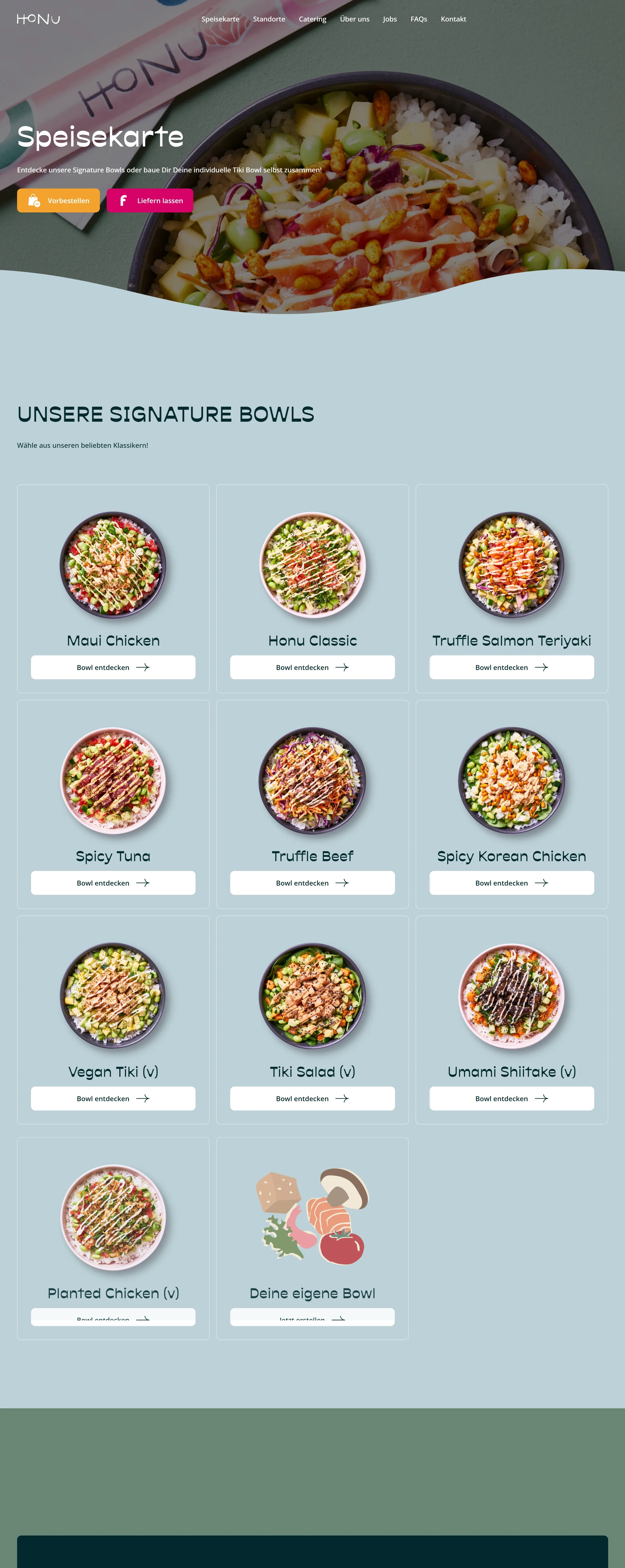 Каталог Honu Tiki Bowls, тематика — Еда и напитки, цвета — Белый, Серый, типографика — Без засечек