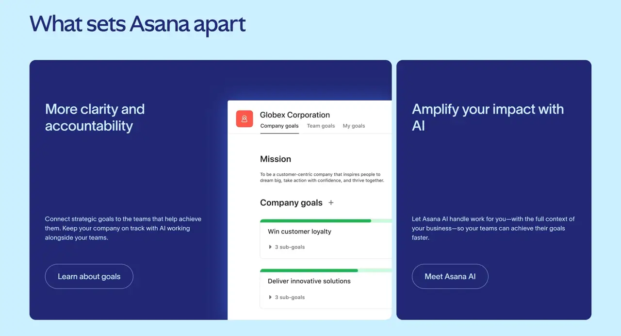 Секция «Преимущества» с сайта https://asana.com/, тематика — SaaS, цвета — Белый, Черный, Серый, стиль — Корпоративный, Минимализм, типографика — Без засечек