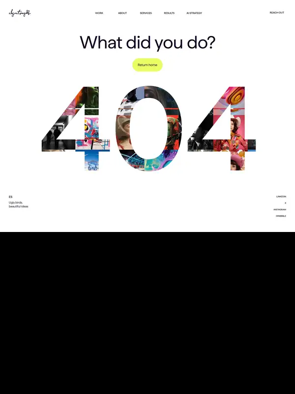404-страница Elegant Seagulls, тематика — Агентство , цвета — Белый, Черный, Серый, стиль — Минимализм, Типографика, типографика — Без засечек, Рукописные
