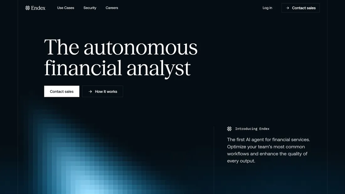 Секция «Первый экран» с сайта https://endex.ai/, тематика — Финансы, цвета — Черный, стиль — Классический, Минимализм, типографика — С засечками