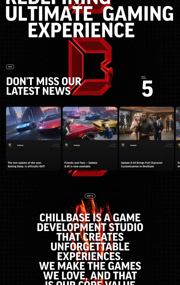 Страница о компании ChillBase, тематика — IT и программное обеспечение, Развлечения, цвета — Черный, Серый, стиль — Корпоративный, Типографика, типографика — Без засечек