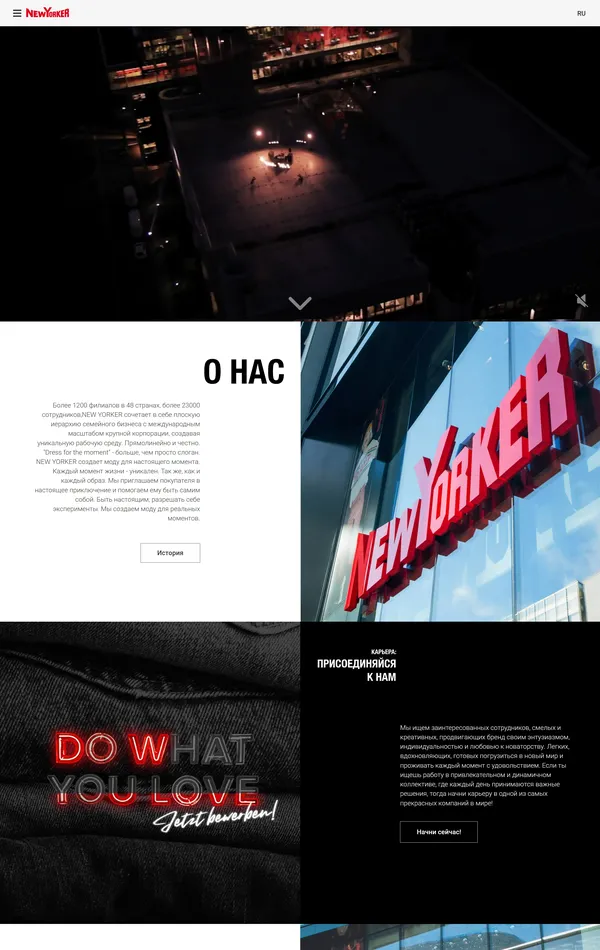 Главная NEW YORKER, тематика — Интернет-магазин, Одежда, цвета — Белый, Черный, Серый, стиль — Корпоративный, типографика — Без засечек