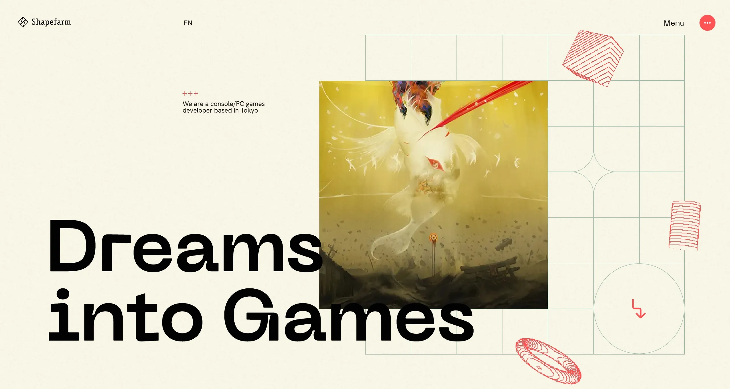 Shapefarm Секция «Первый экран» с сайта https://shapefarm.net/, тематика — Развлечения, цвета — Белый, Серый, стиль — Минимализм, Типографика, типографика — Без засечек