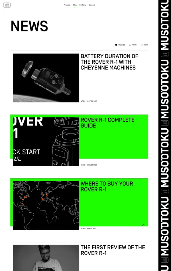 Новости Musotoku, тематика — Продукт, цвета — Белый, Черный, Серый, стиль — Минимализм, Брутализм, типографика — Без засечек