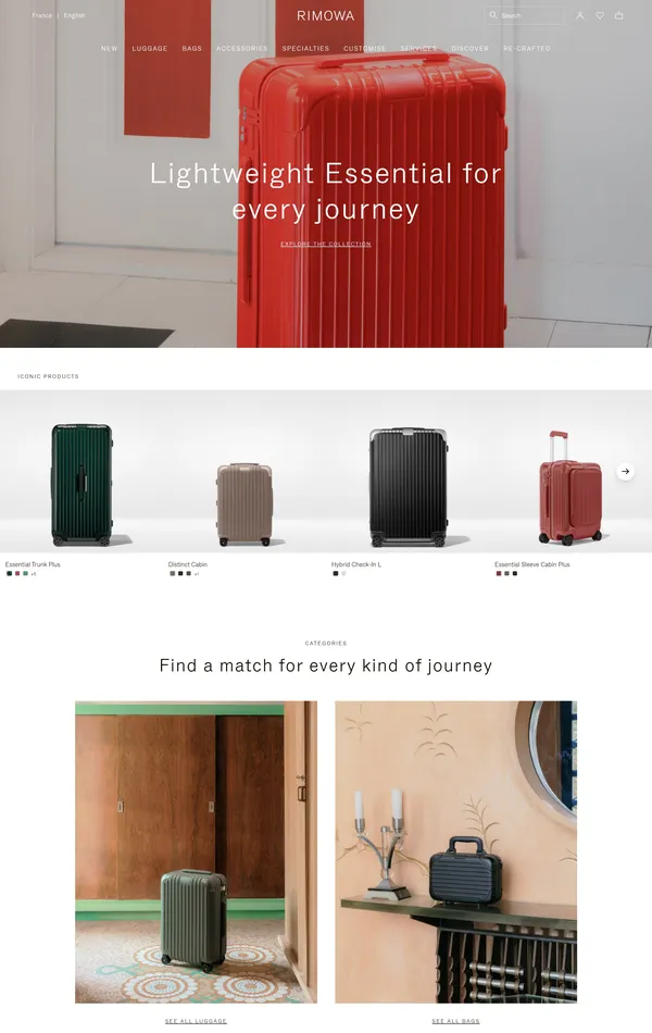 Главная Rimowa, тематика — Интернет-магазин, цвета — Белый, Серый, стиль — Корпоративный, Минимализм, типографика — Без засечек